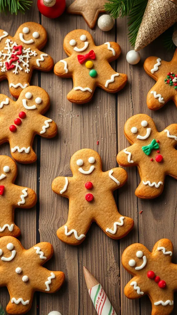 A variety of decorated gingerbread man cookies on a wooden table, surrounded by festive decorations.