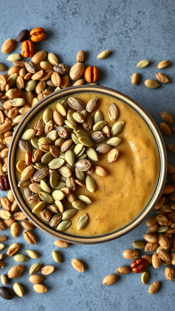 A smoothie bowl topped with pumpkin seeds and various nuts.