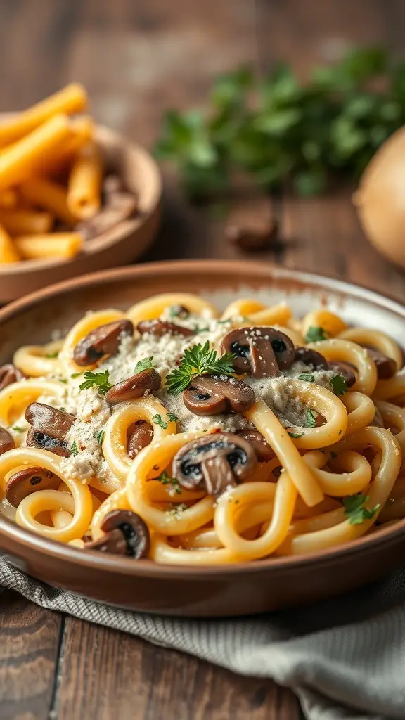 A bowl of ditalini pasta with creamy mushroom sauce, garnished with parsley.