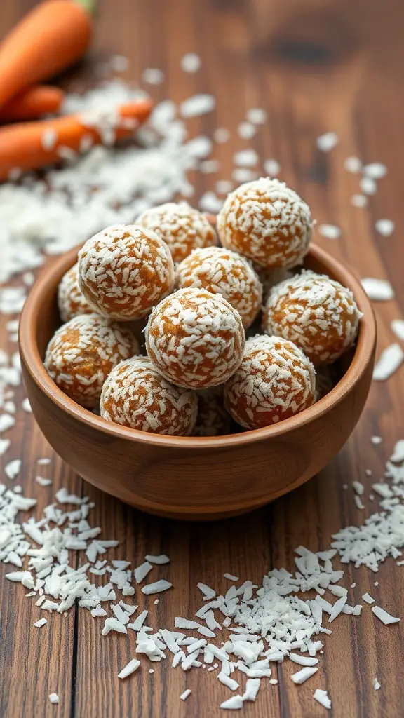 A bowl of carrot cake energy bites coated in shredded coconut, with fresh carrots in the background.