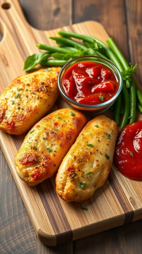 Garlic Parmesan Baked Chicken Tenderloins served with green beans and ketchup