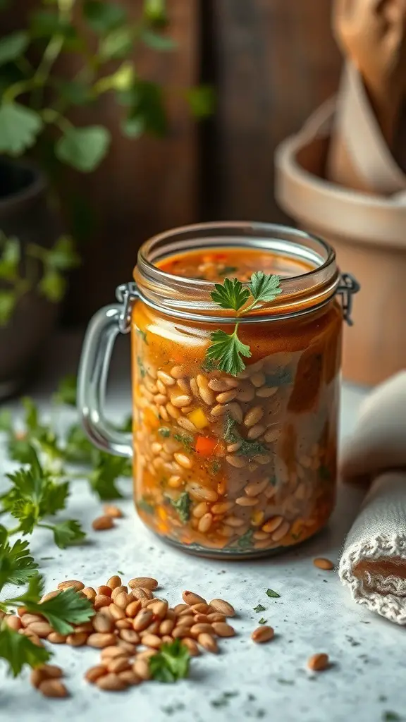 A jar of lentil soup with vegetables and herbs