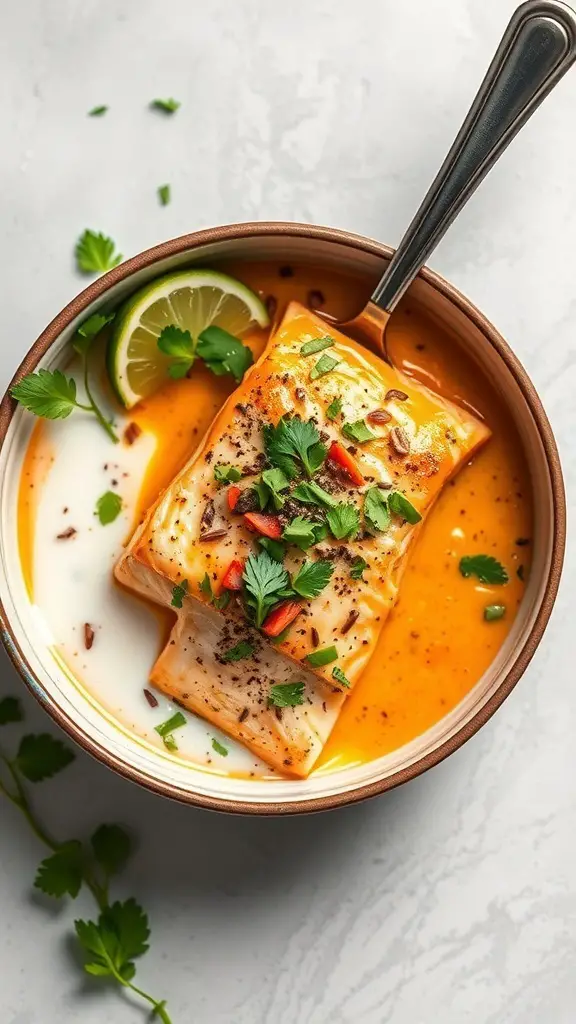 Baked salmon in Thai coconut curry sauce with herbs and lime