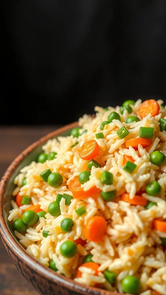 A bowl of chicken fried rice with vegetables, featuring rice, peas, and carrots.