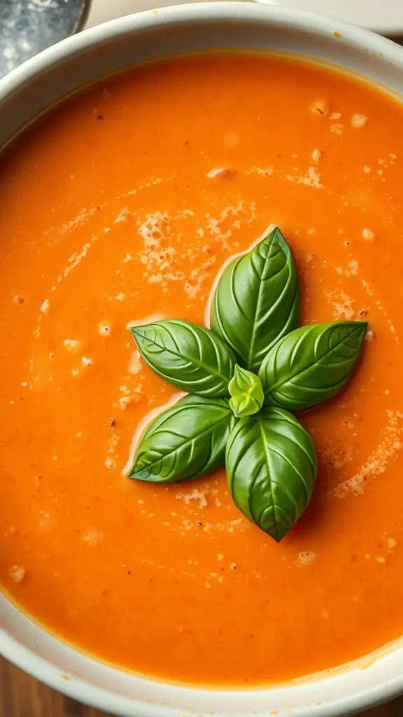 A bowl of creamy tomato basil soup topped with fresh basil leaves.