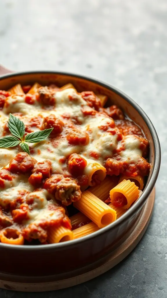 A baked pasta dish with meat sauce, topped with melted cheese and a basil leaf.