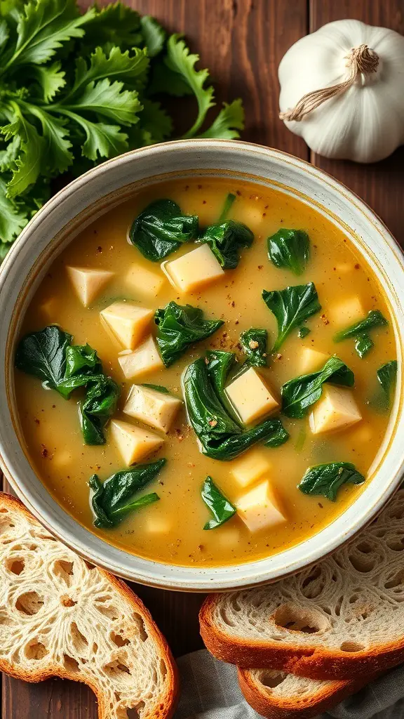 A bowl of turkey and kale soup with garlic, surrounded by fresh garlic and leafy greens, with slices of bread on the side.