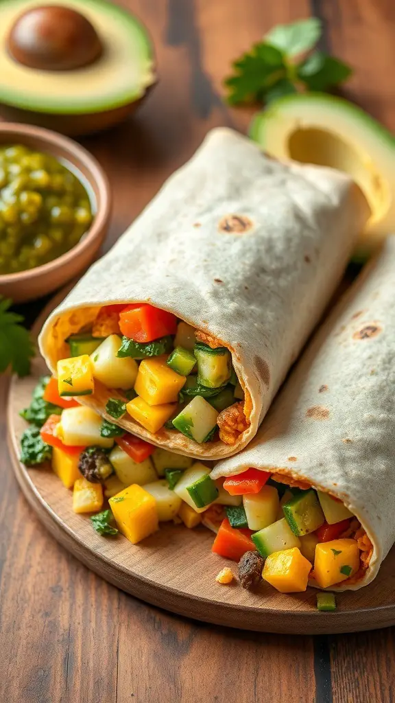 Delicious breakfast burritos filled with colorful vegetables and served with salsa verde.