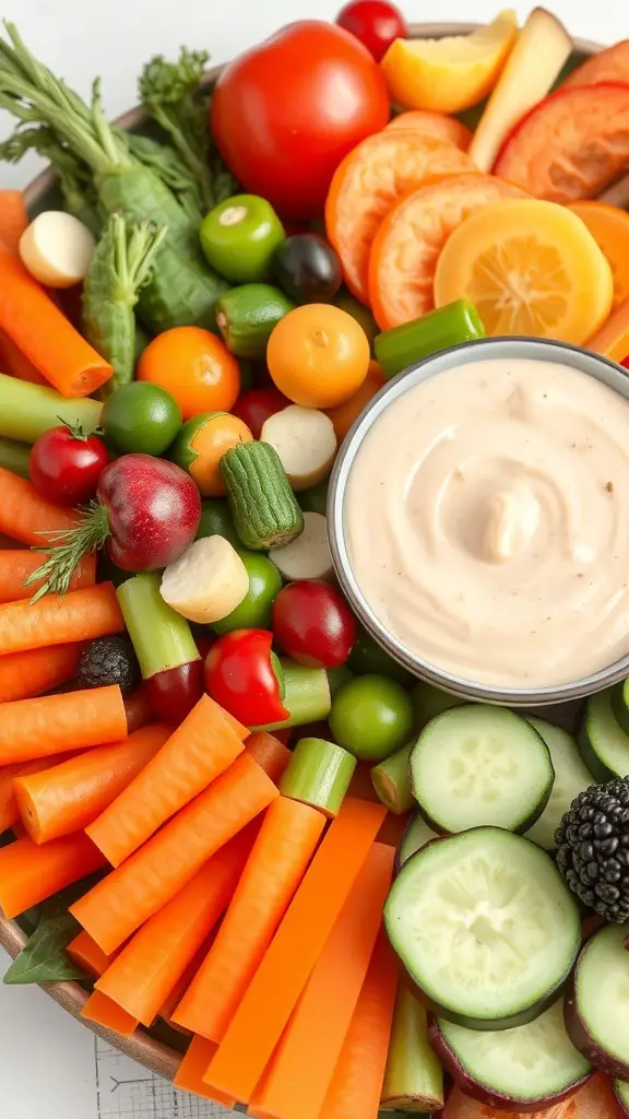 A colorful holiday vegetable platter featuring carrots, cucumbers, cherry tomatoes, and a creamy dip.