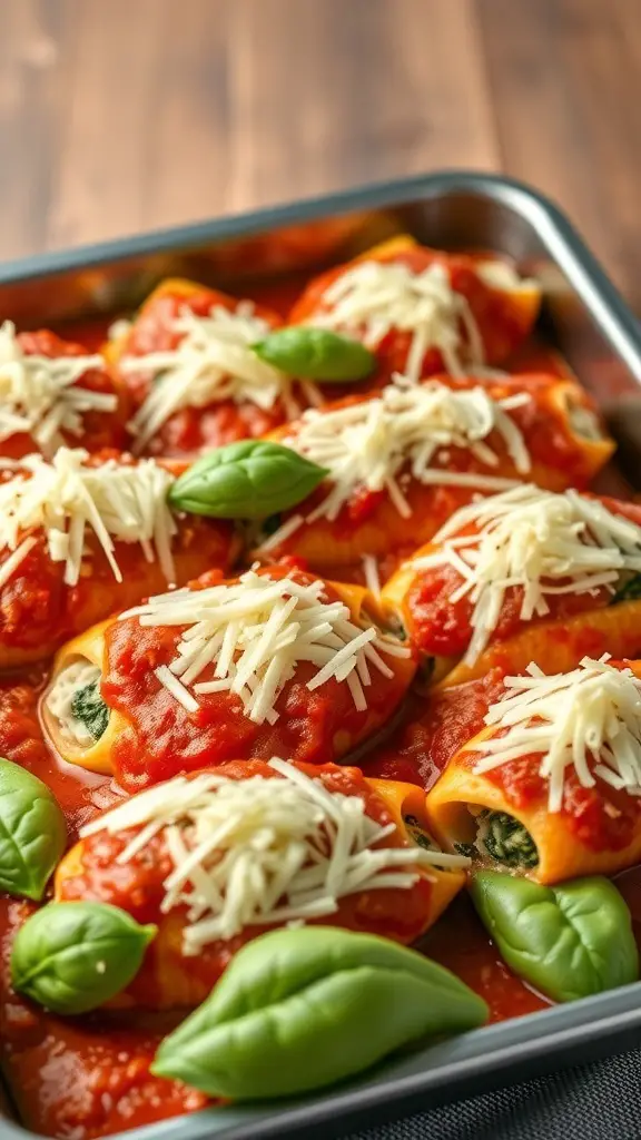A baking dish filled with spinach and ricotta stuffed shells topped with tomato sauce and cheese.