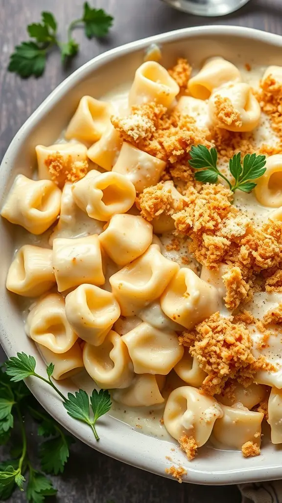 A creamy tortellini alfredo bake topped with breadcrumbs and parsley