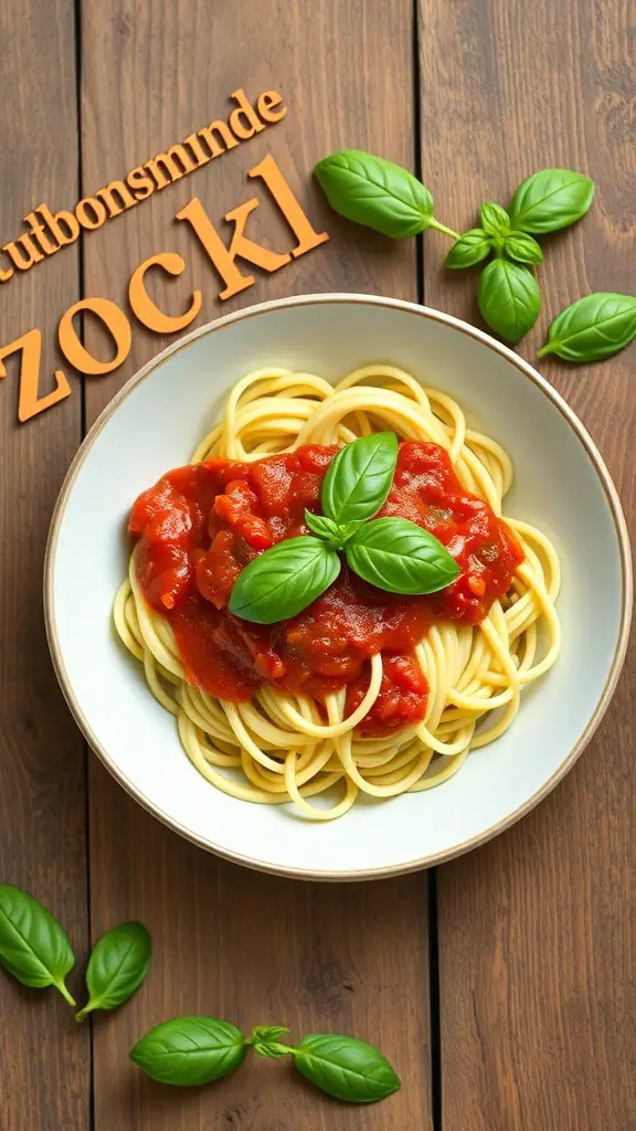 A bowl of zucchini noodles topped with marinara sauce and fresh basil leaves.
