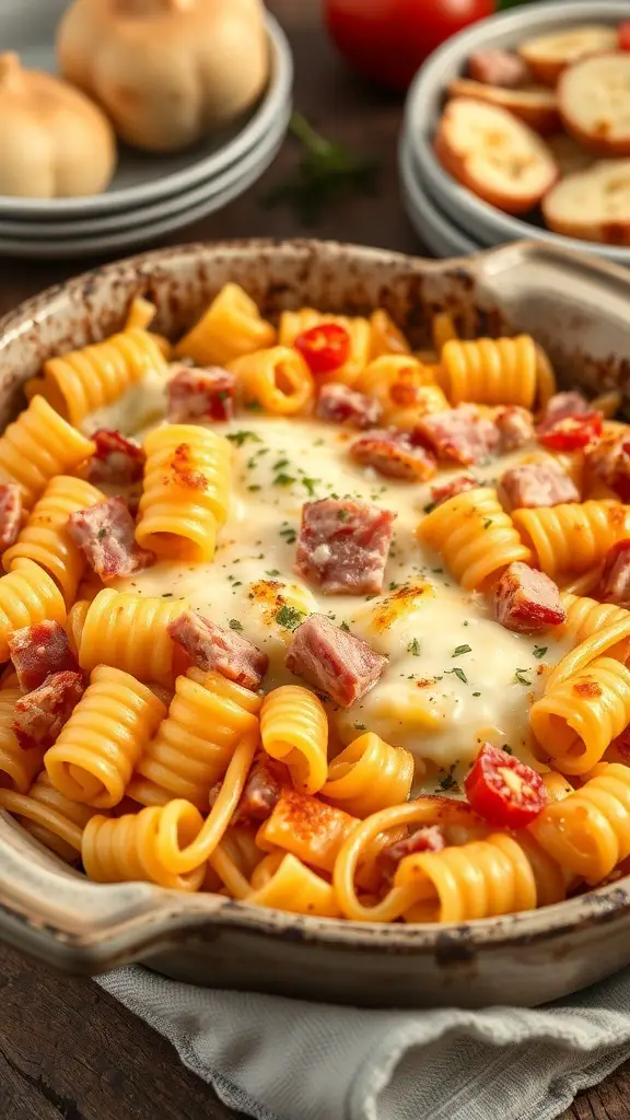 Baked ditalini pasta with cheese and ham in a dish
