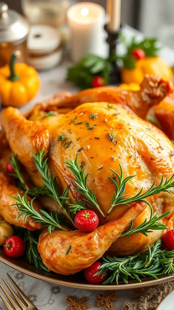 A beautifully roasted turkey garnished with fresh herbs and cranberries, perfect for holiday feasts.
