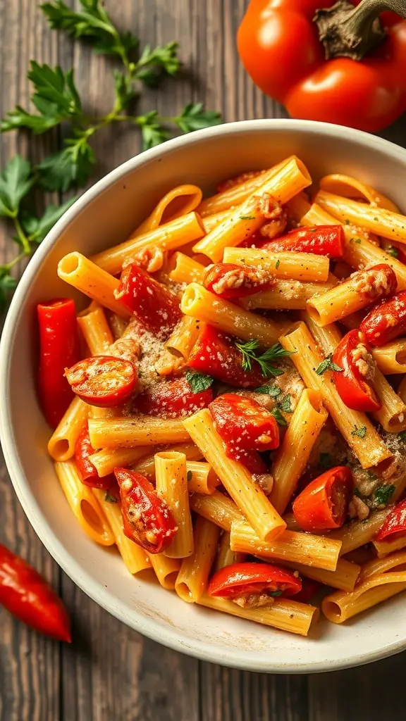 A bowl of rigatoni pasta with roasted red pepper sauce, cherry tomatoes, and herbs, with a red bell pepper in the background.