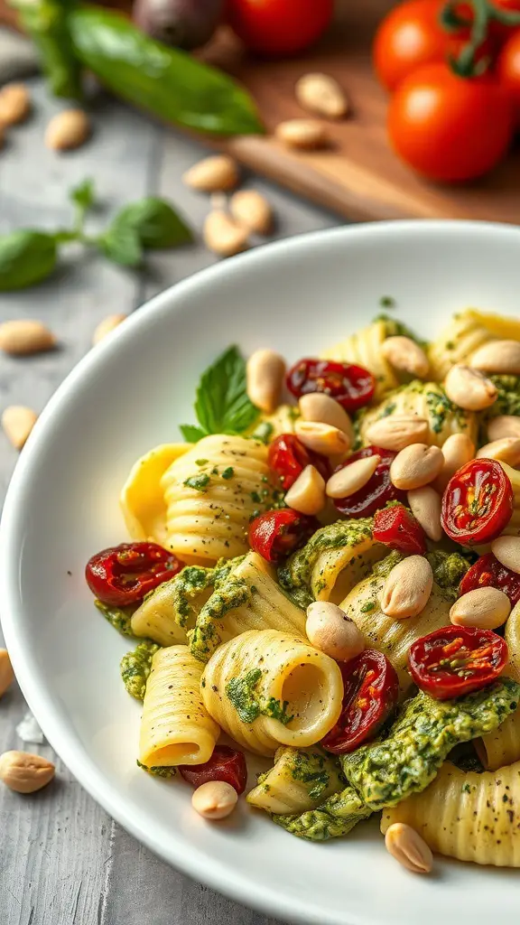 A plate of baked tortellini with pesto, sun-dried tomatoes, and pine nuts, garnished with fresh basil.