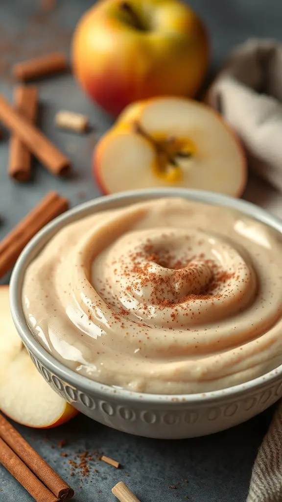 A bowl of smooth apple and cinnamon puree with fresh apples and cinnamon sticks around it.