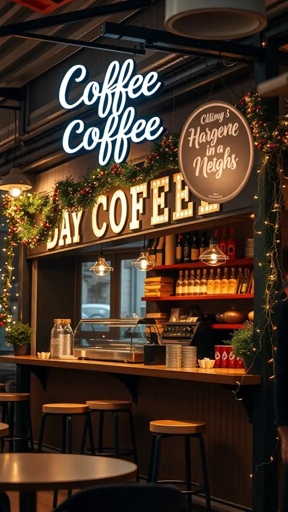 A cozy coffee bar with festive decorations and a bright 'Coffee Coffee' sign.