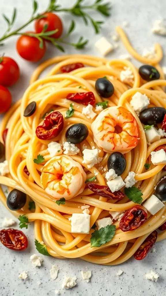 A plate of Mediterranean shrimp fettuccine topped with shrimp, olives, sun-dried tomatoes, and feta cheese.