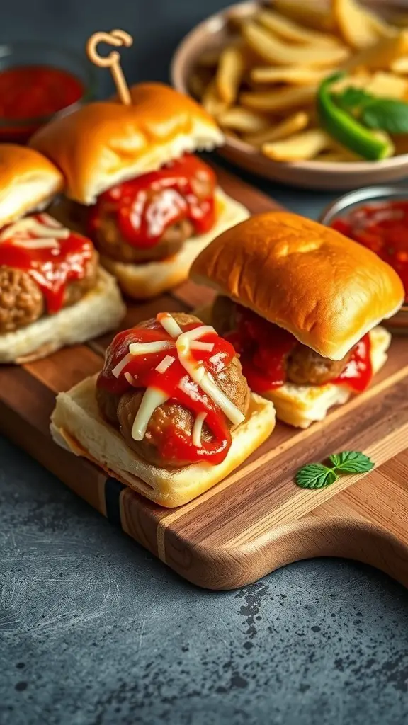 A wooden board with meatball sliders topped with ketchup and cheese, alongside a plate of fries.