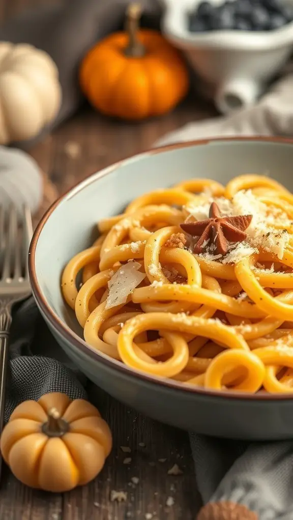A bowl of Pumpkin Alfredo Pasta topped with cheese and star anise, surrounded by small pumpkins.