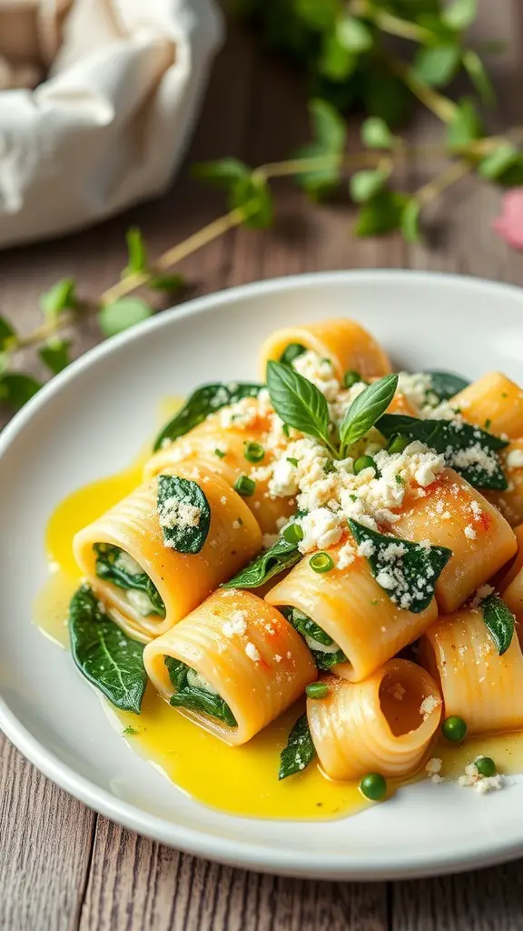 Plate of spinach and ricotta stuffed rigatoni pasta drizzled with olive oil and topped with grated cheese.