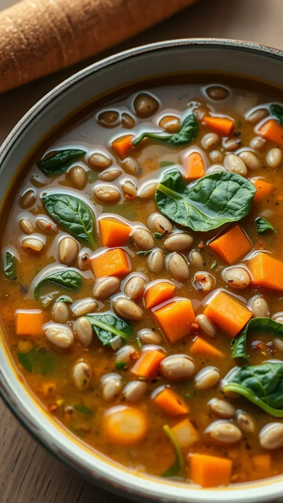 A bowl of lentil soup with spinach and carrots, showcasing a delicious and healthy meal.