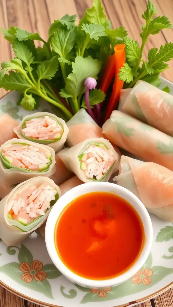 A platter of vegetable spring rolls with a dipping sauce and fresh herbs.