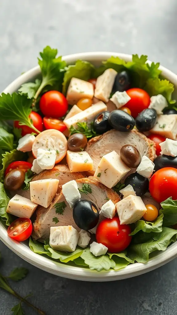 A bowl of Mediterranean chicken salad with greens, sliced chicken, cherry tomatoes, olives, and feta cheese.
