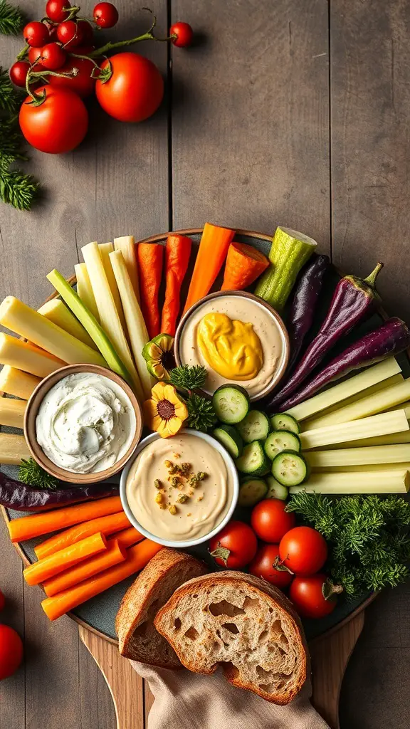 A vibrant vegan holiday platter featuring fresh vegetables, dips, and rustic bread.