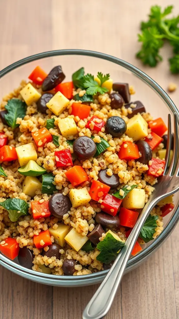 A bowl of quinoa salad with roasted vegetables, featuring colorful ingredients like red peppers, green onions, and black beans.