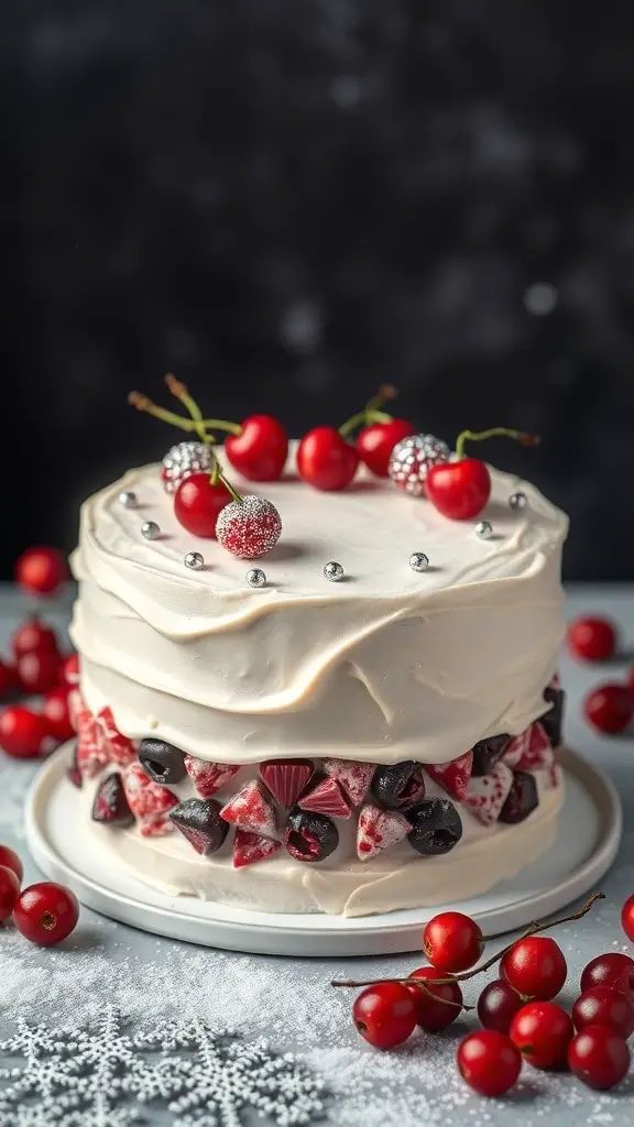 A beautifully decorated White Chocolate Cranberry Cake with silver dragees and fresh cranberries on top.