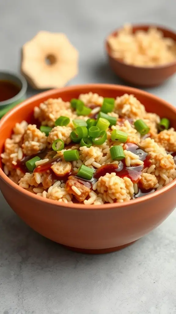 A bowl of Asian Turkey Casserole with rice, turkey, and green onions