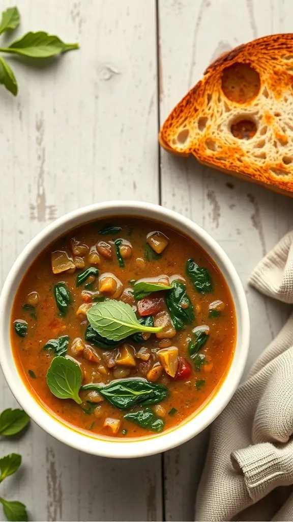 A bowl of lentil soup with spinach, garnished with fresh herbs, alongside a slice of toasted bread.