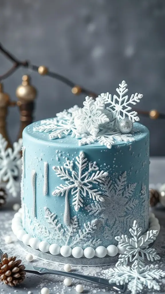 A blue cake decorated with white snowflakes and pearls, resembling a winter theme.