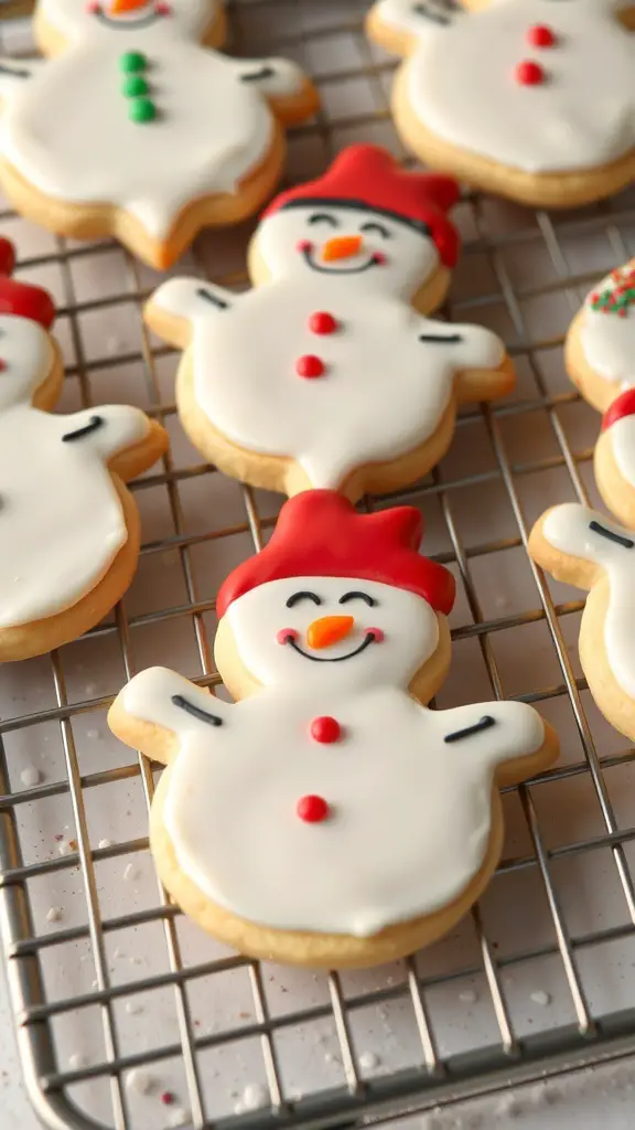 Decorated snowman sugar cookies on a cooling rack