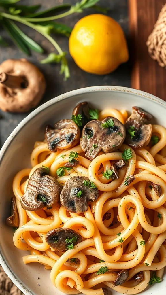 A bowl of fusilli pasta with creamy mushroom sauce, garnished with fresh herbs and accompanied by a lemon and mushrooms.