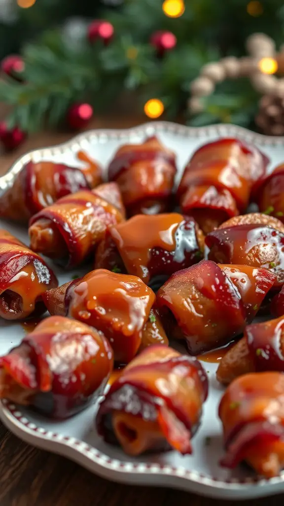 A plate of sweet and spicy bacon-wrapped dates, garnished and ready for a festive gathering.
