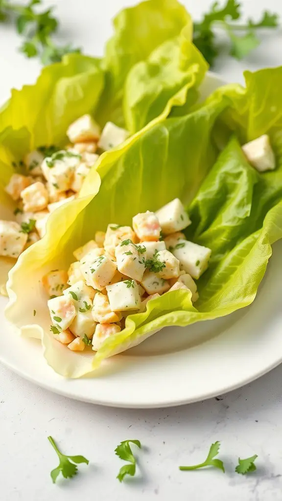 Egg salad served in lettuce wraps with fresh herbs