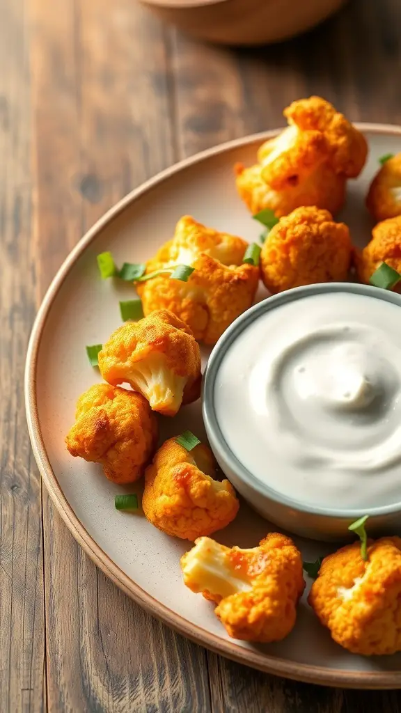 A plate of buffalo cauliflower bites with a creamy dipping sauce