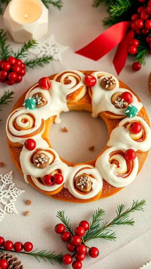 A festive Cinnamon Roll Wreath decorated with icing, red berries, and green trees, perfect for Christmas brunch.