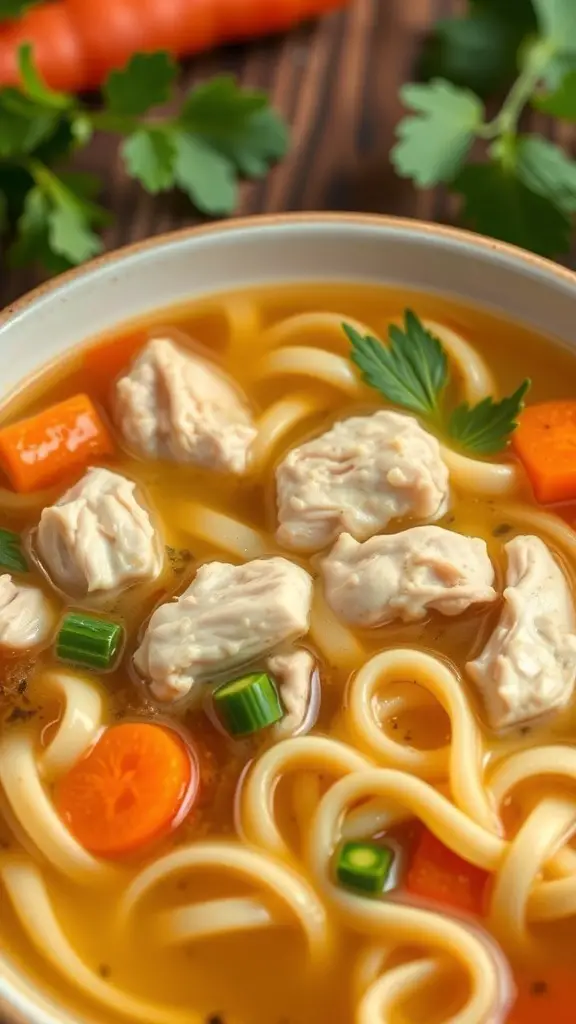 A bowl of classic chicken noodle soup with chicken pieces, noodles, carrots, and green onions.