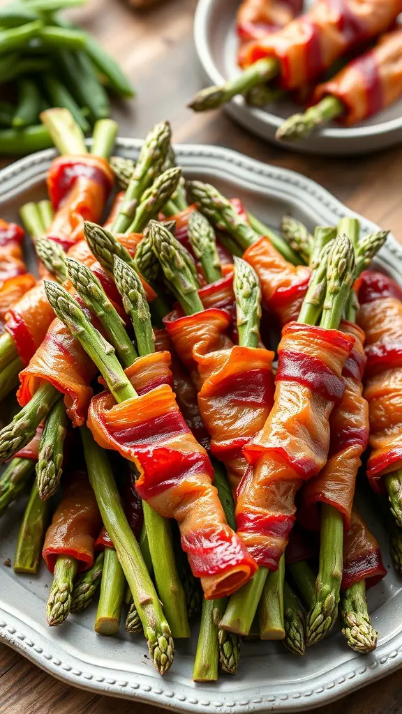 A plate of bacon-wrapped asparagus bundles, showcasing the crispy bacon and fresh green asparagus.