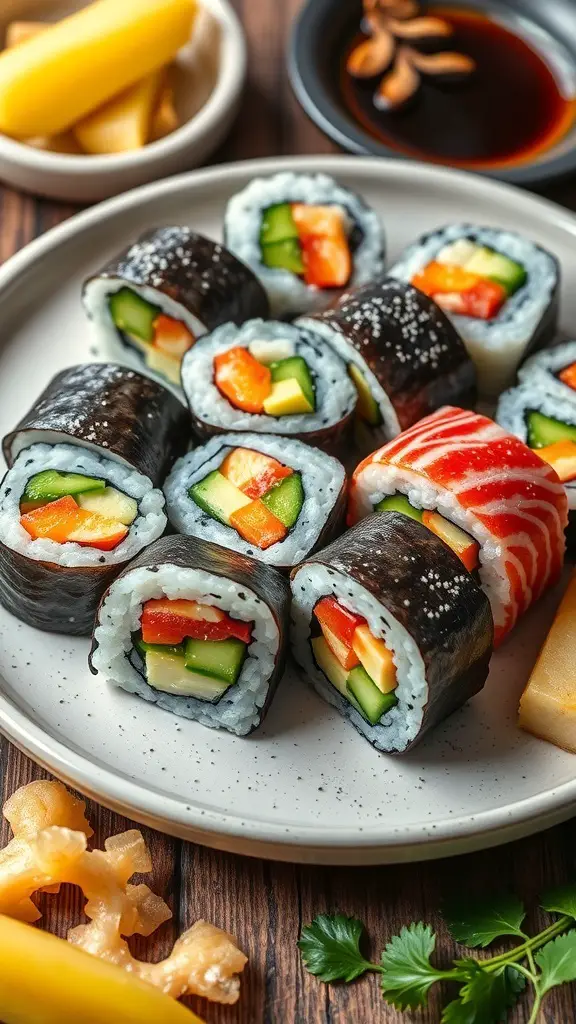 A plate of colorful vegetable sushi rolls with various vegetables and dipping sauce.