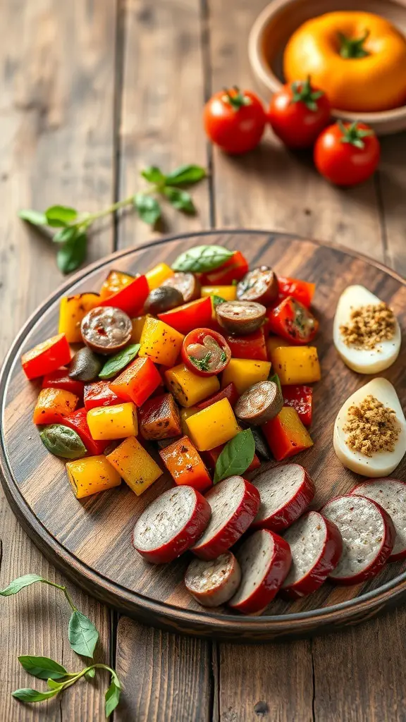 A wooden platter with colorful ratatouille vegetables and grilled sausage slices.