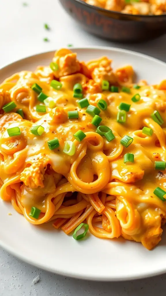 Buffalo Chicken Egg Noodle Casserole with cheese and green onions