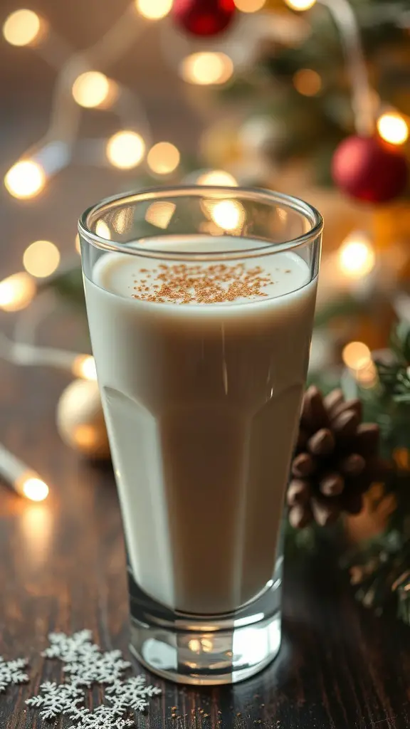 A glass of eggnog topped with nutmeg, surrounded by holiday decorations and lights.