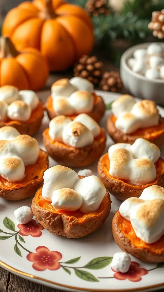 Sweet potato bites topped with marshmallows on a decorative plate, surrounded by pumpkins and pinecones.