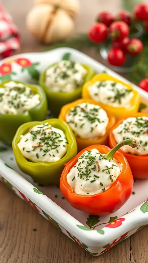 A platter of stuffed mini peppers filled with cream cheese and topped with herbs.