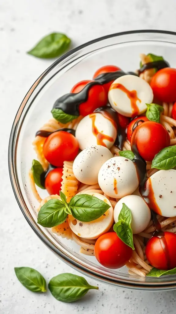 A bowl of Caprese Pasta Salad with pasta, cherry tomatoes, mozzarella balls, and basil leaves.